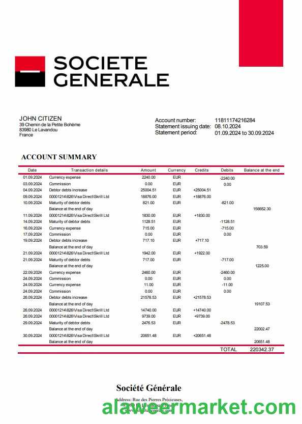 France Société Générale bank statement template, Word and PDF format